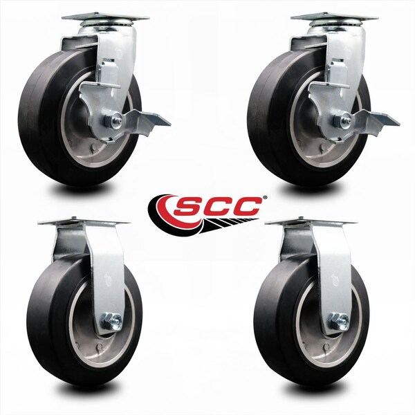 6 Inch Rubber on Aluminum Caster Set with Roller Bearings 2 Brakes 2 Rigid